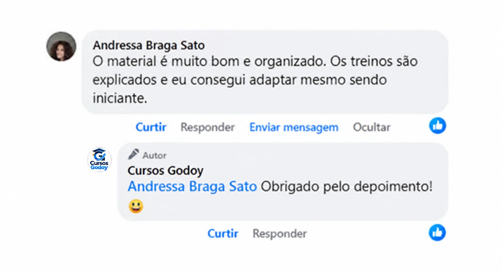 Depoimento de Andressa Braga Sato com resposta de Cursos Godoy